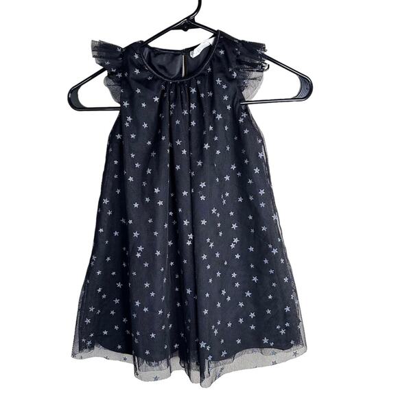 H&M Tulle Midi Dress Silver Star Print Ruffle Shoulders A-Line Lined Black 3-4Y - Picture 12 of 12